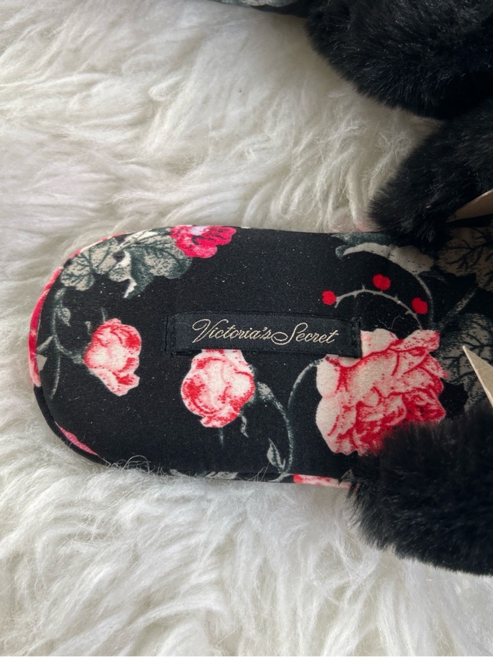 Victoria's Secret Size M 7/8 New Black Floral Slide Slippers with Pink Accents - Picture 5 of 7